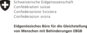Logo des EBGB Bundeslogo, darunter steht «Eidgenössischen Büro für die Gleichstellung von Menschen mit Behinderungen EBGB»