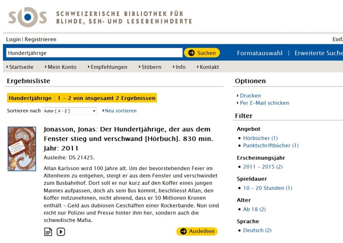 Bildschirmaufnahme der Online-Bibliothek. Gezeigt wird der Detaileintrag zur Hörbuchfassung von Jonas Jonassons Roman «Der Hundertjährige, der aus dem Fenster stieg und verschwand».